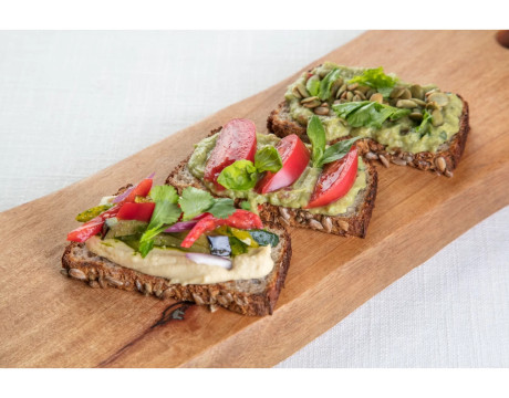 Toast trio on green buckwheat bread