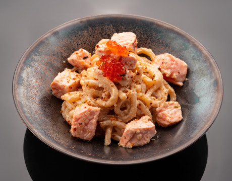 Udon Noodles with Salmon in Creamy Soy Sauce