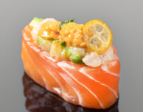 Salmon Sushi with Sweet Shrimp and Sea Urchin Roe